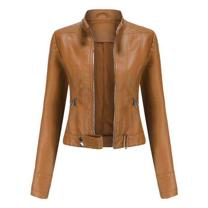 Women's Cropped Faux Leather Moto Jacket - Camel
