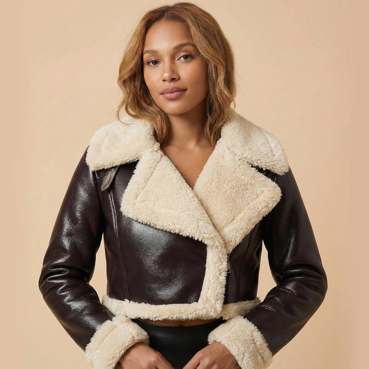 Women's Cropped Faux Leather Moto Shearling Jacket - Brown