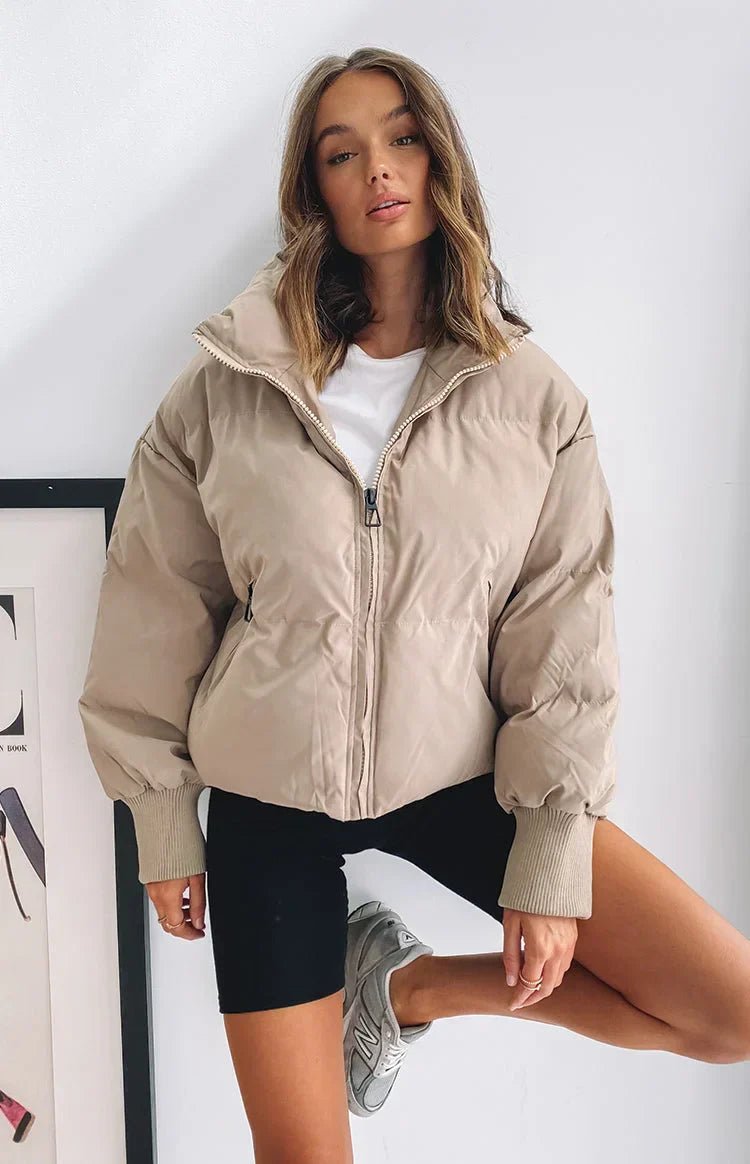 Women's Oversized Cropped Nylon Puffer Jacket - Khaki