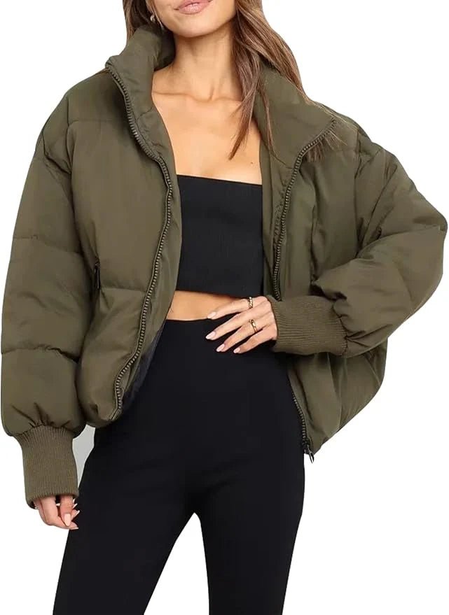 Women's Oversized Cropped Nylon Puffer Jacket - Green