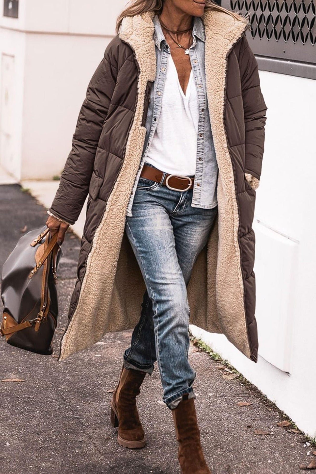 Women's Oversized Longline Teddy Puffer Coat - Brown