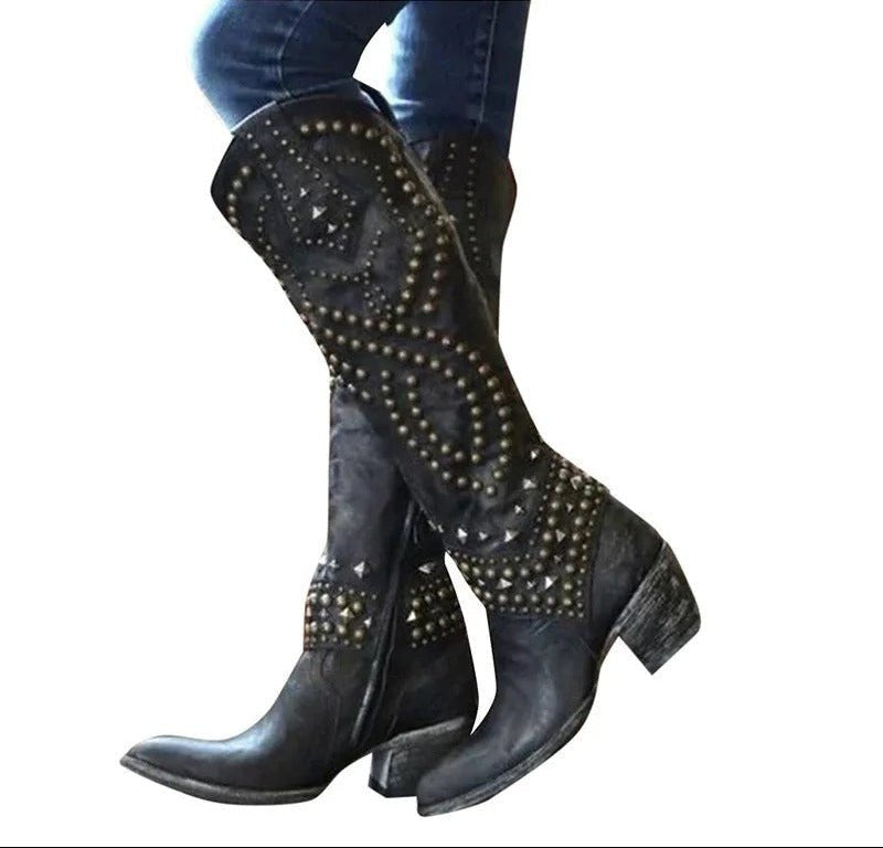 Women's Studded Western Cowboy Knee-High Boots - Black