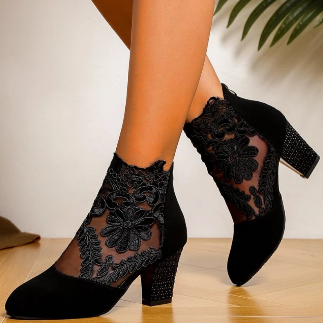 Women's Floral Party Ankle Boots - Black