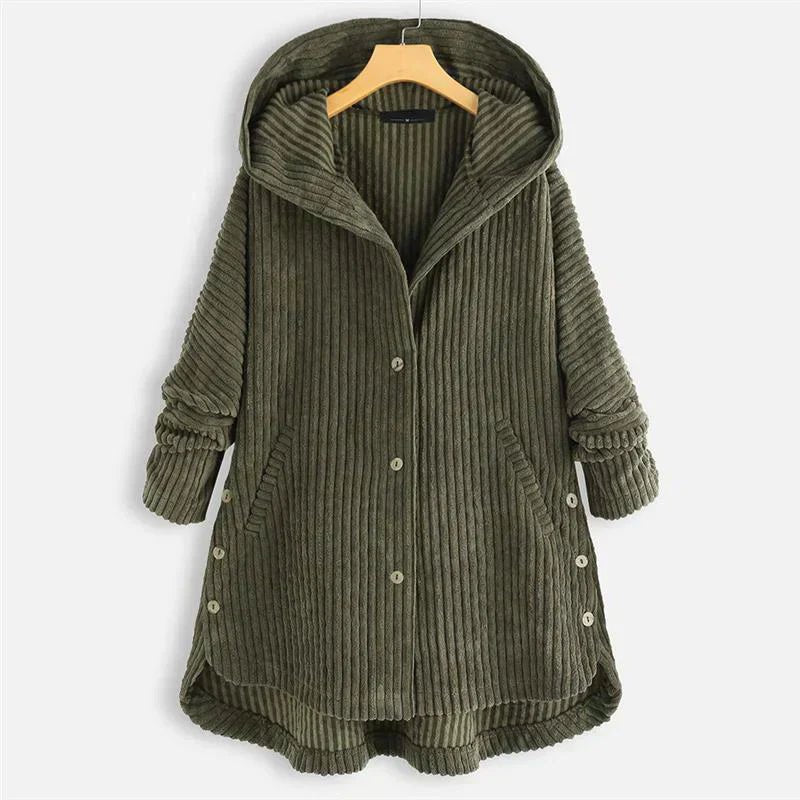 Women's Oversized Corduroy Hooded Longline Coat - Green