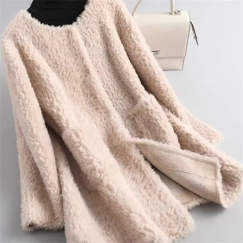 Women's Straight Longline Teddy Coat - apricot color