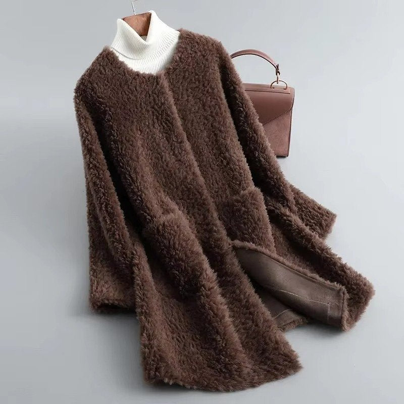 Women's Straight Longline Teddy Coat - coffee color