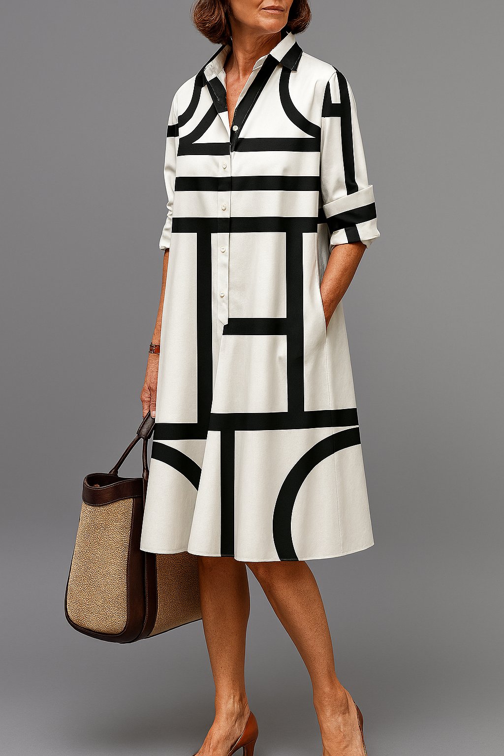 Women's Black Midi Shirt Dress - White Black