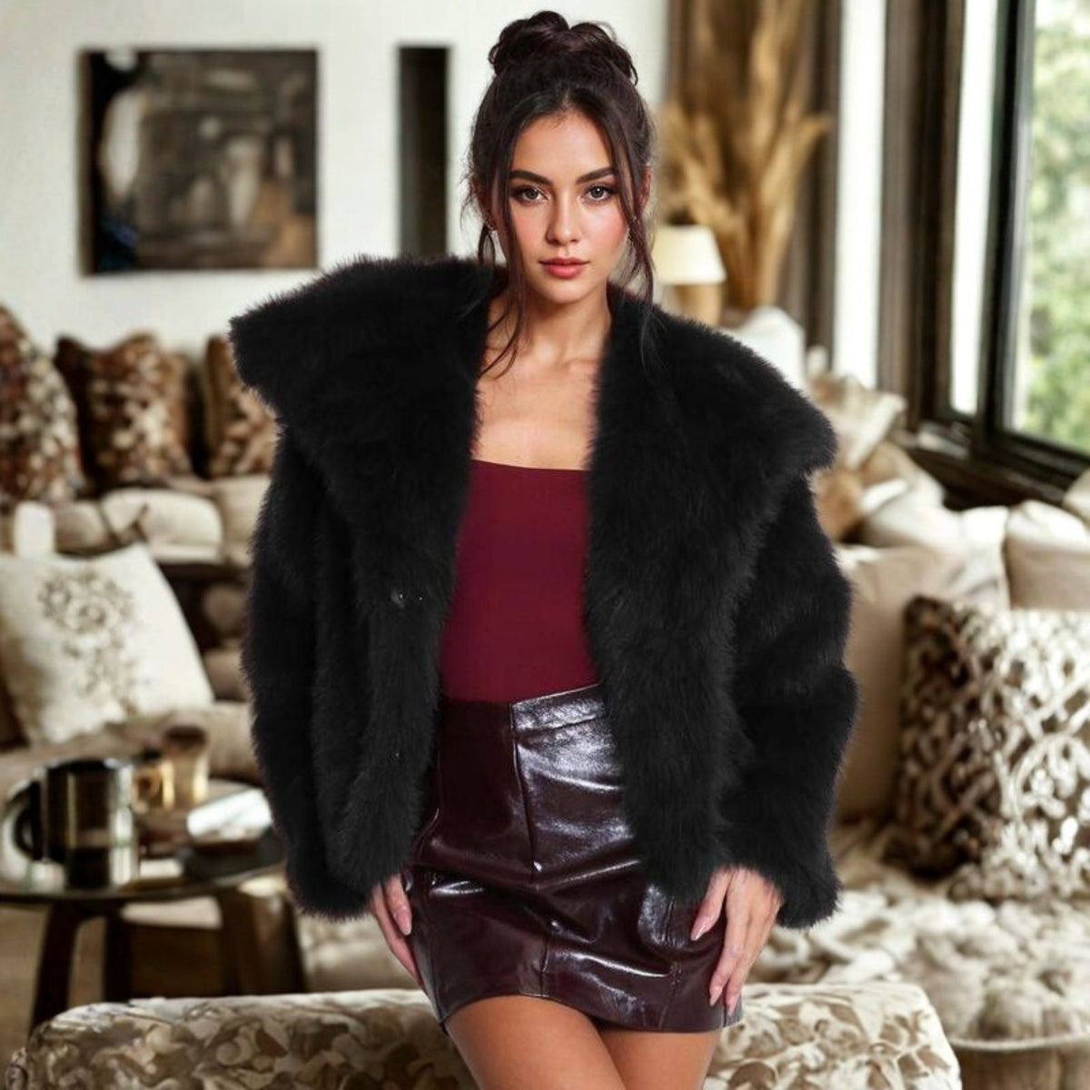 Women's Cropped Faux Fur Jacket - Black