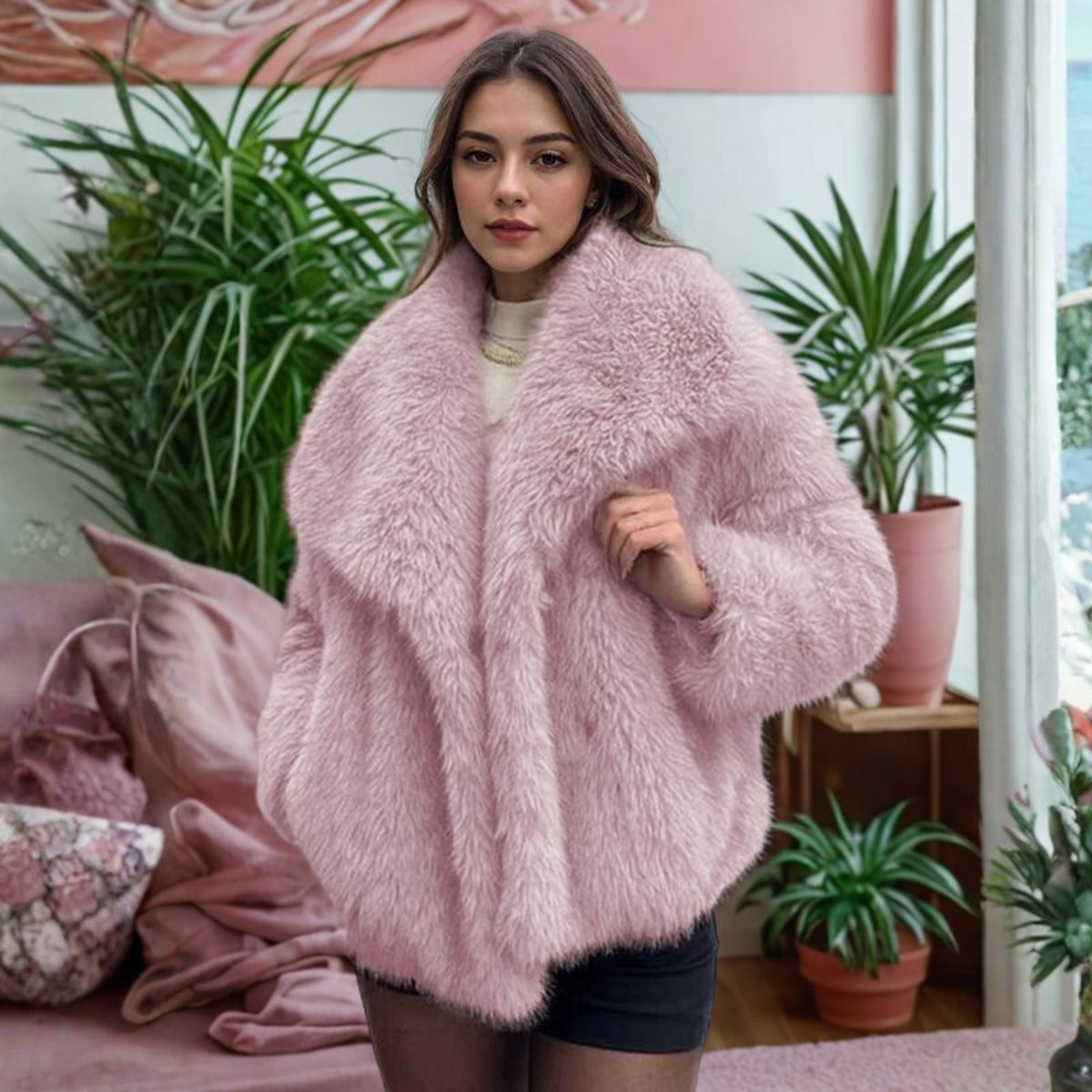 Women's Cropped Faux Fur Jacket - Pink
