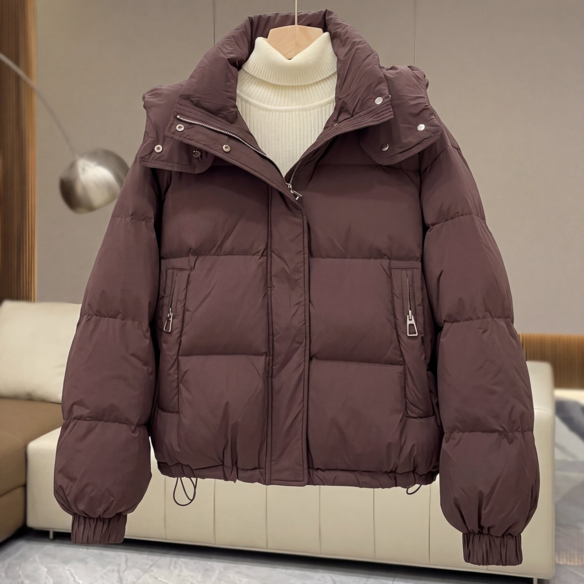 Women's Cropped Oversized Puffer Jacket - Brown