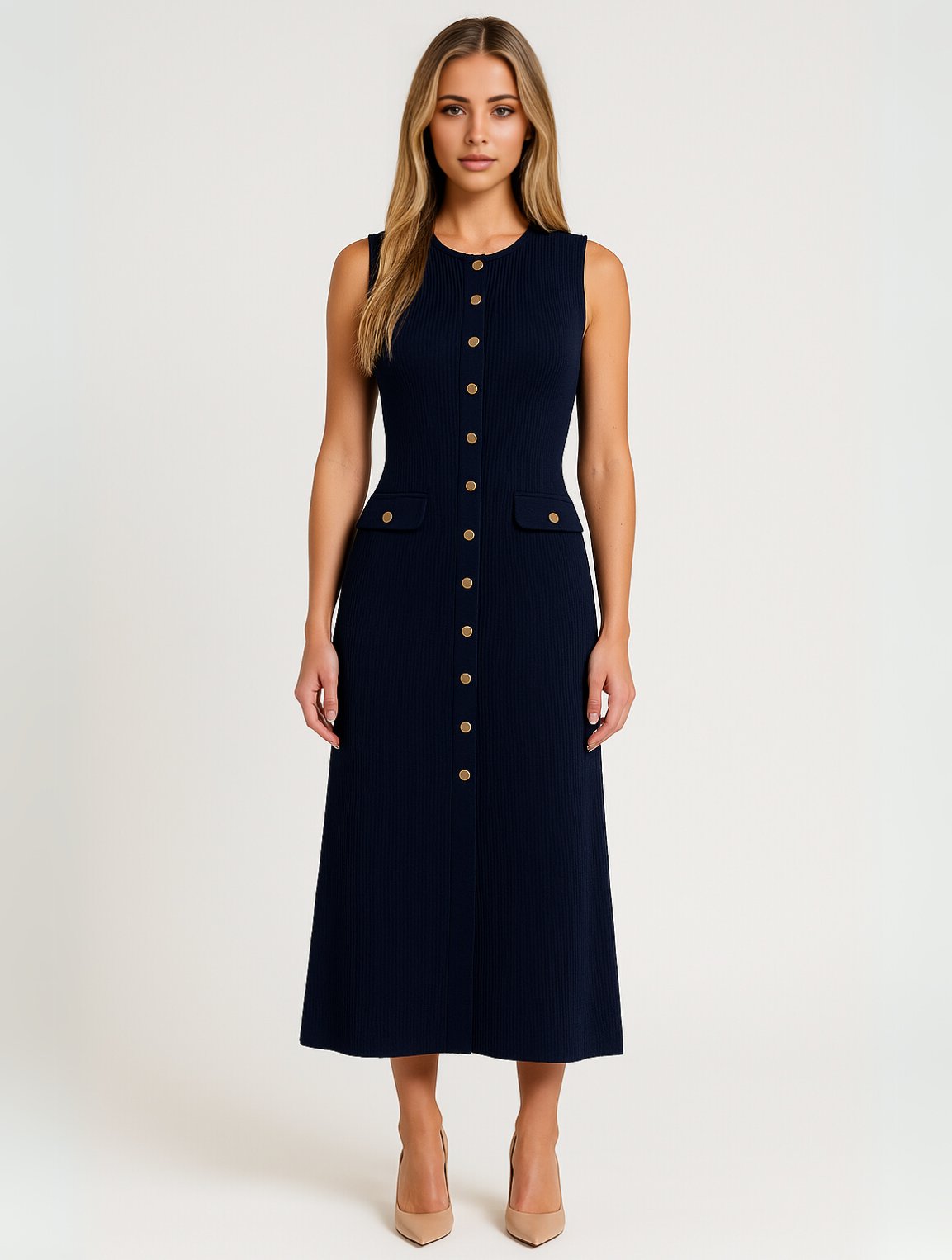 Women's Knit Ribbed Midi Dress - Navy Blue
