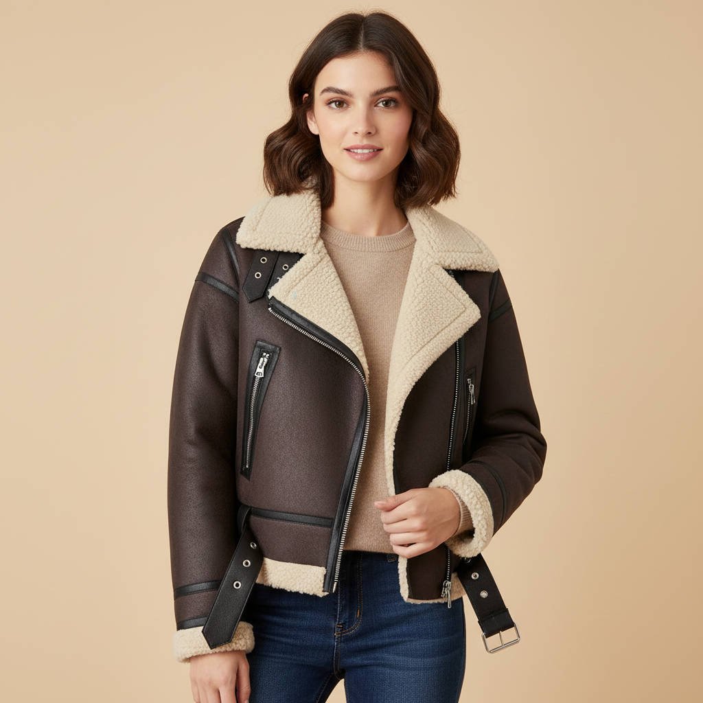 Women's Lined Moto Belted Shearling Leather Jacket - XS