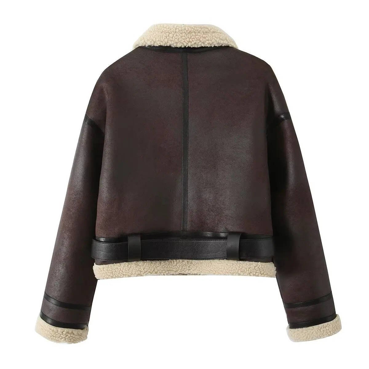Women's Lined Moto Belted Shearling Leather Jacket - S