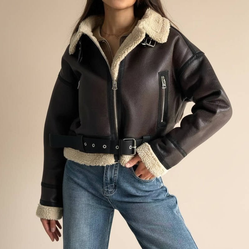 Women's Lined Moto Belted Shearling Leather Jacket - M