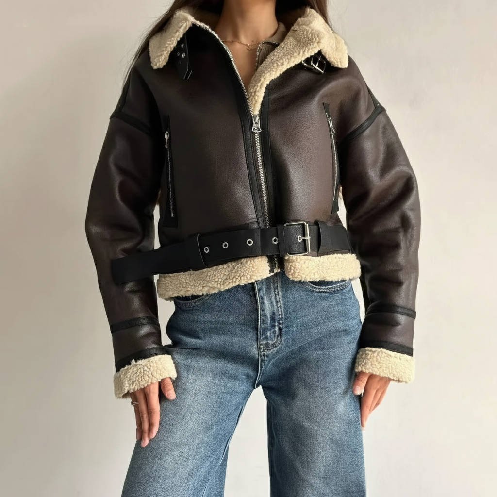 Women's Lined Moto Belted Shearling Leather Jacket - L