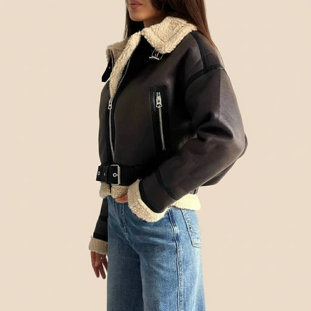 Women's Lined Moto Belted Shearling Leather Jacket