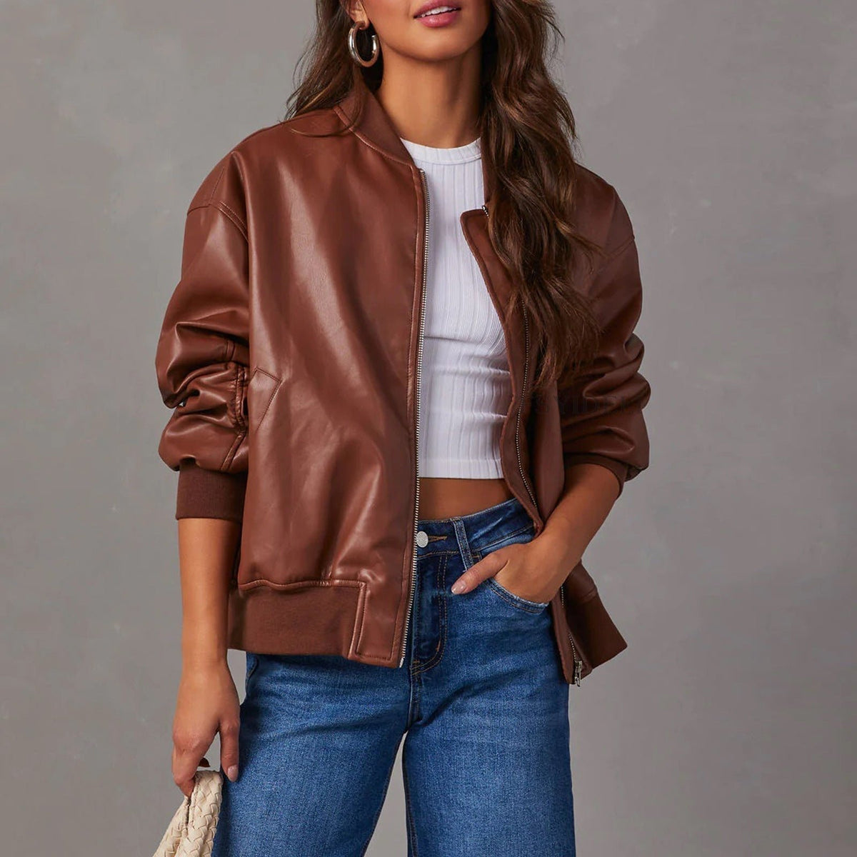 Women's Oversized Faux Leather Bomber Jacket - Brown