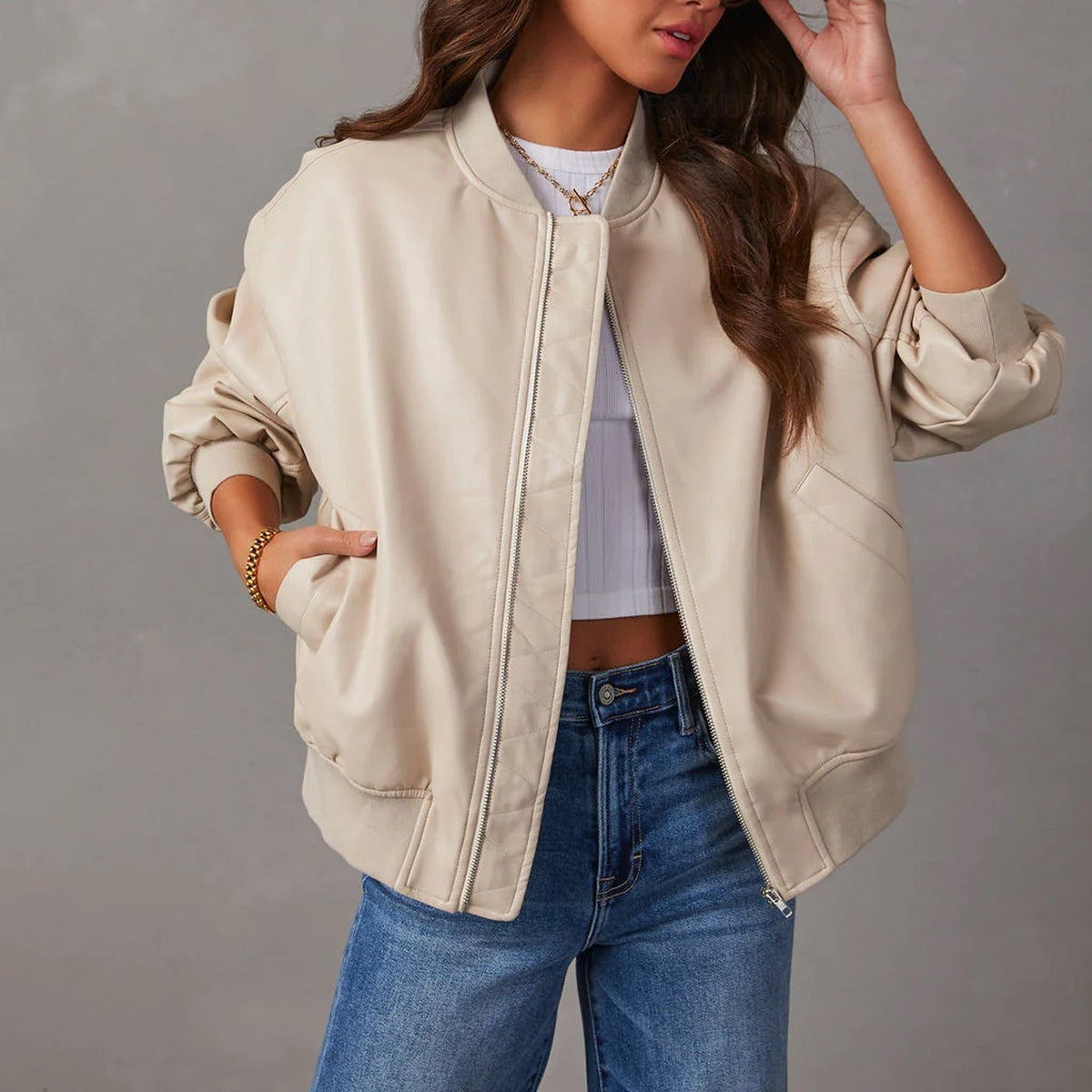 Women's Oversized Faux Leather Bomber Jacket - Cream