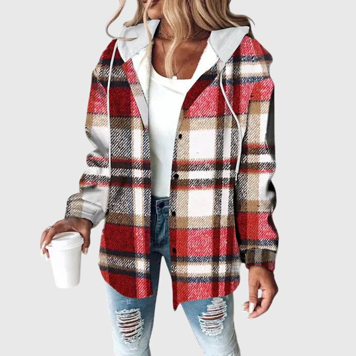 Women's Plaid Hooded Shacket - Red